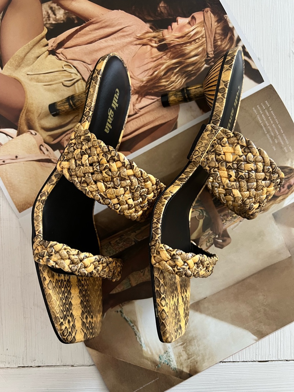 Cult Gaia Woven Snake-Print Slide Sandals Heels